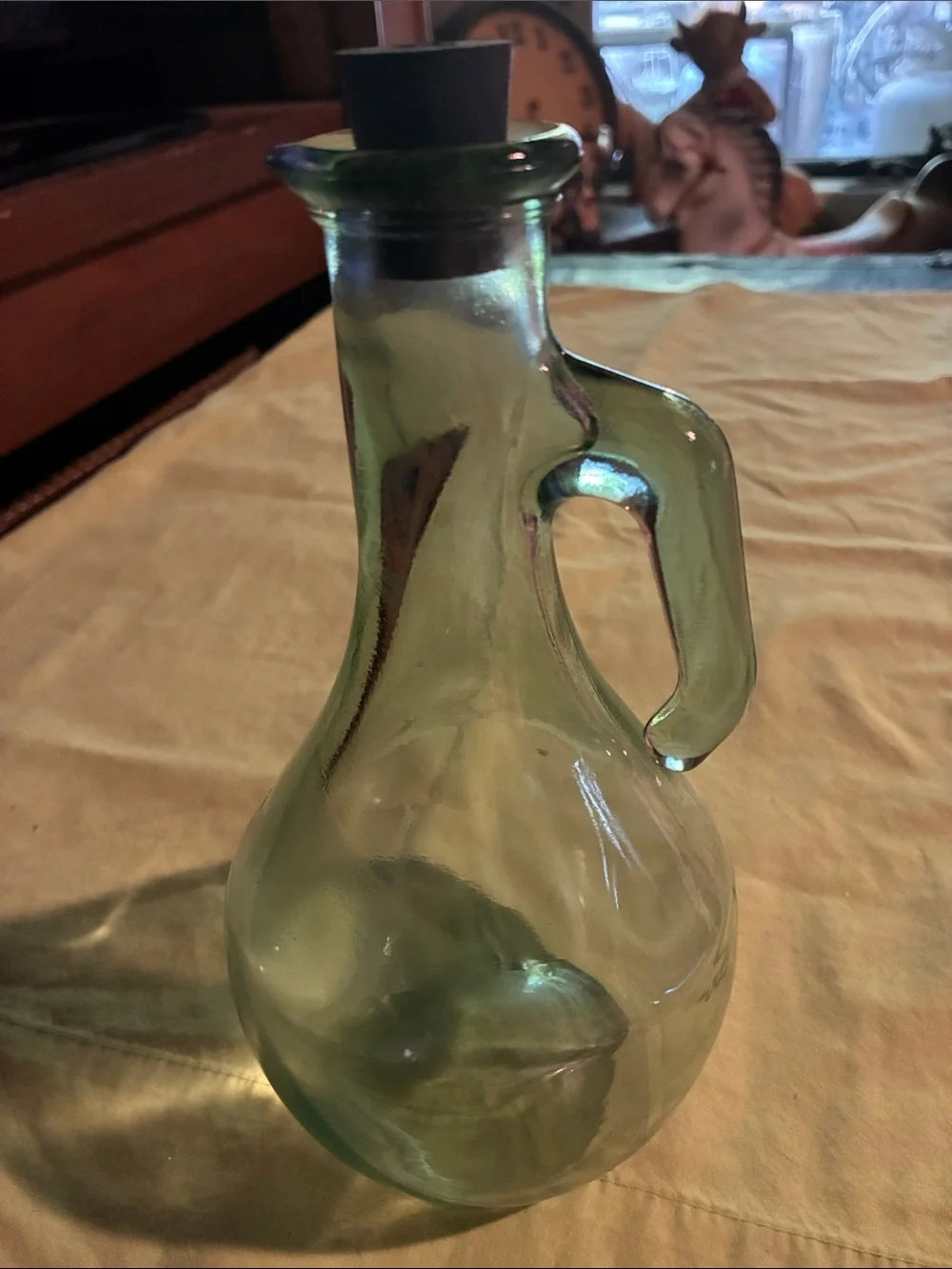 Green Glass Olive Oil Cruet with Handle & Rubber Stopper
